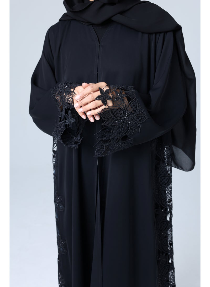 IKKXA Open Lace Design Sleeves and Sides Abaya ABY1143 Black - Image 2